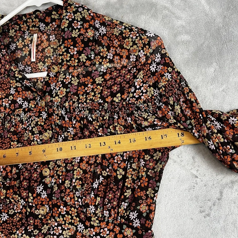 Free People Floral Mini Dress Button Front Puff Sleeve Ditsy Print Brown Multi